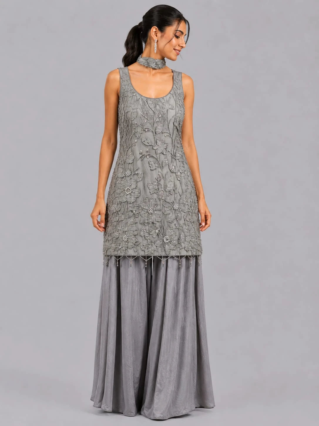 grey embroidered sharara set