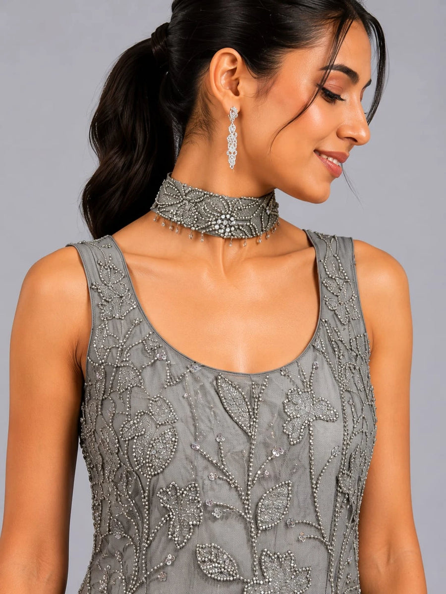 grey embroidered sharara set