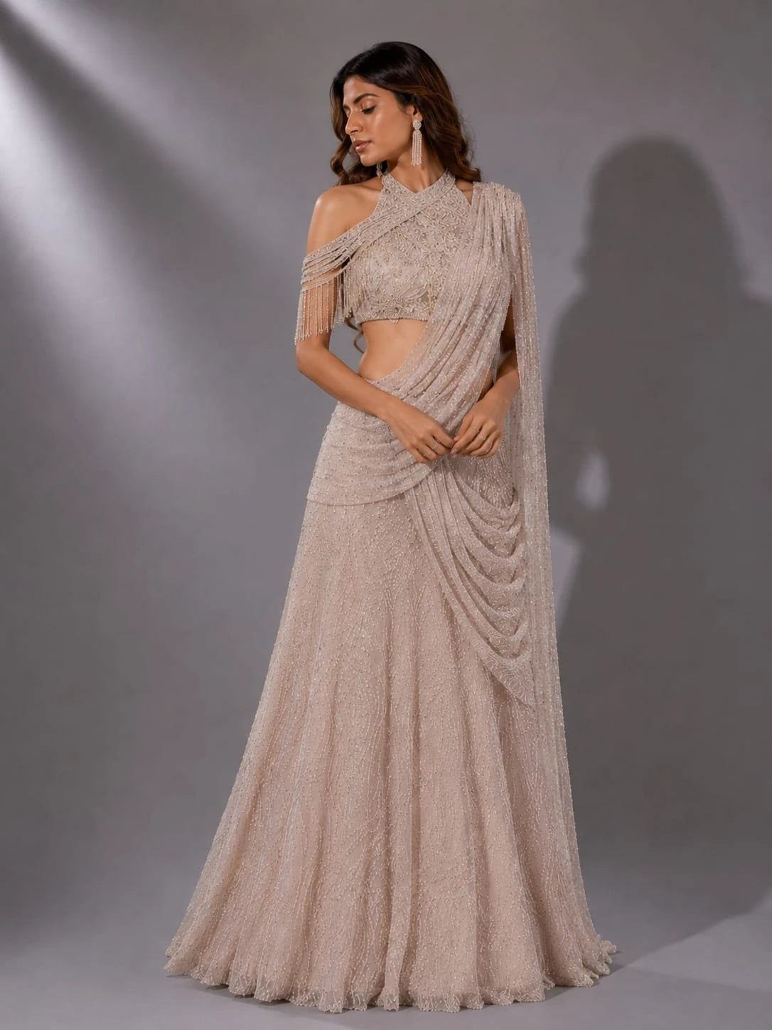 pink drape lehenga
