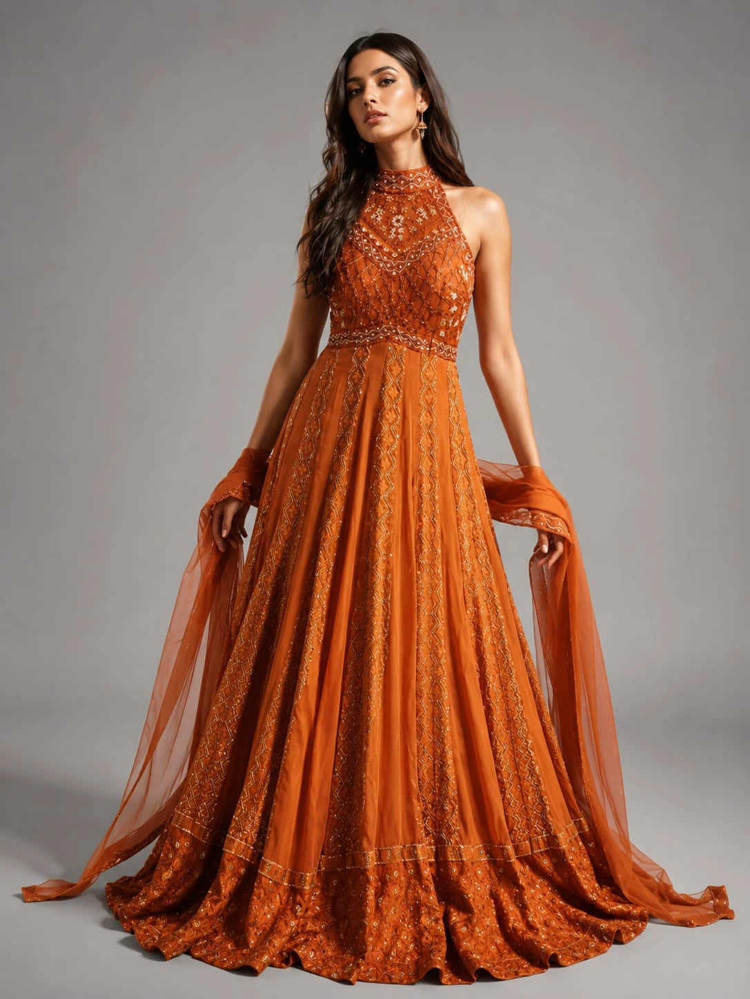 rust anarkali dupatta