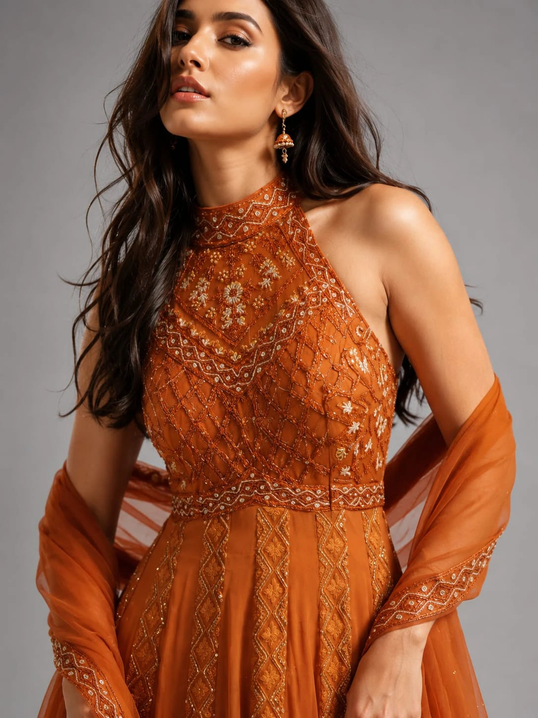 rust anarkali dupatta