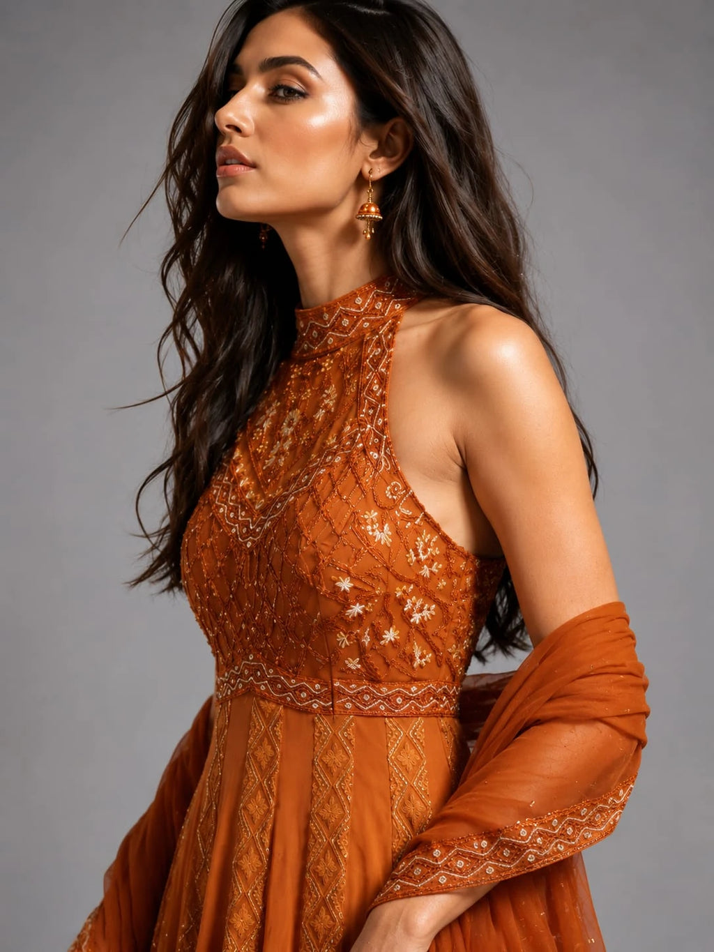 rust anarkali dupatta