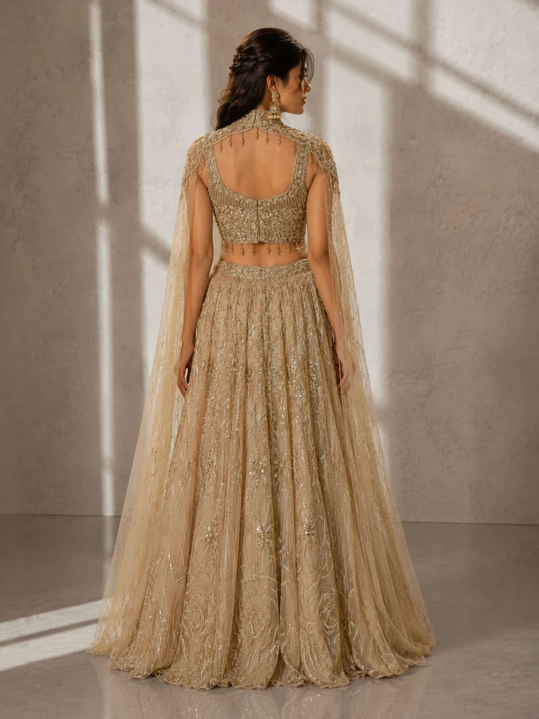 golden cape style lehenga