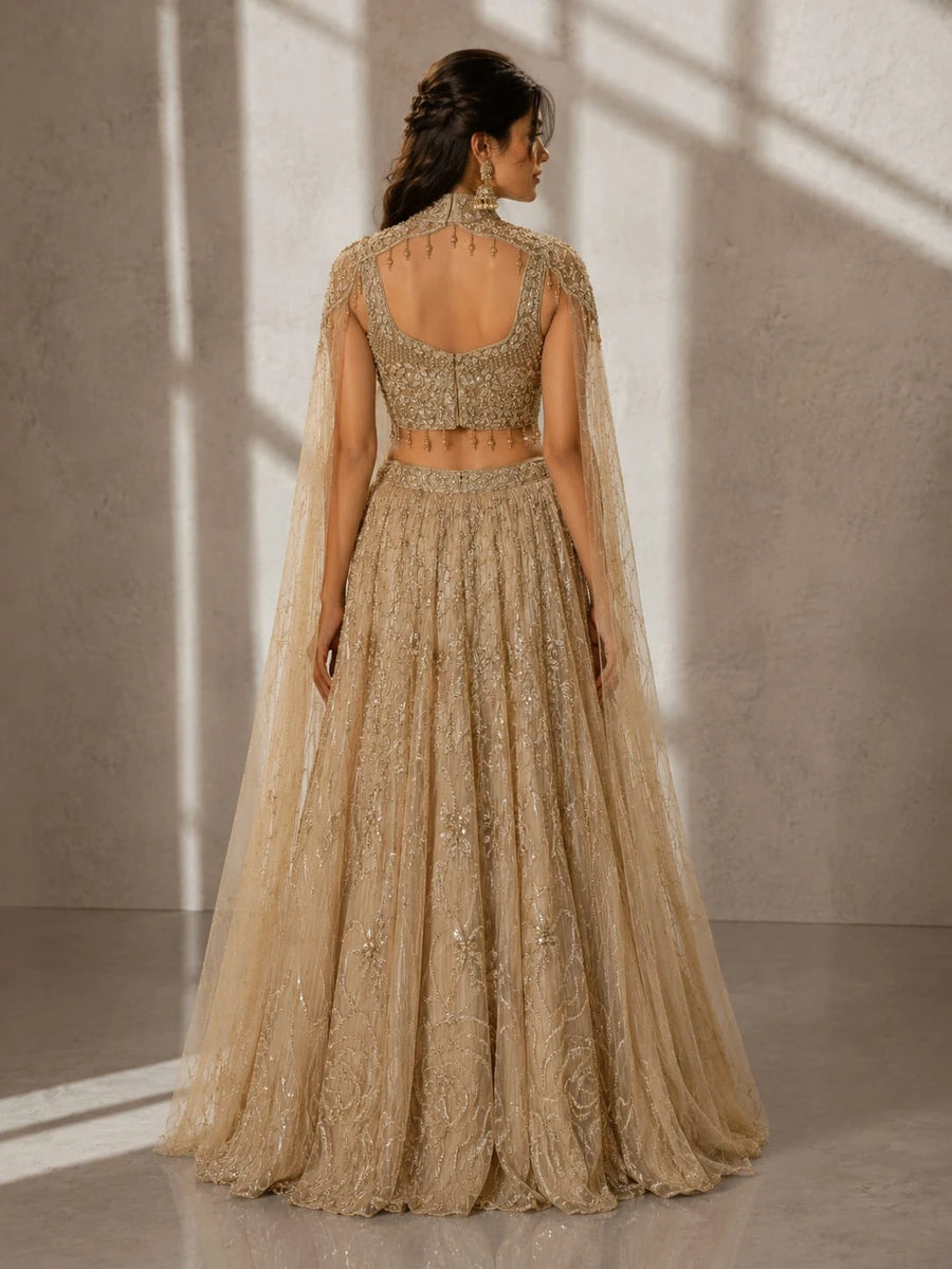 golden cape style lehenga