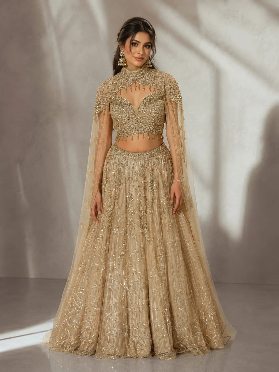 golden cape style lehenga