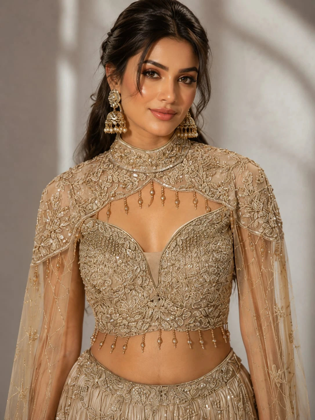 golden cape style lehenga