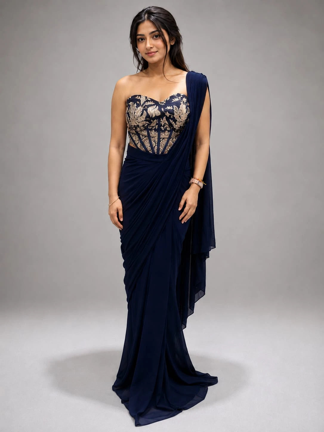 blue corset saree dress