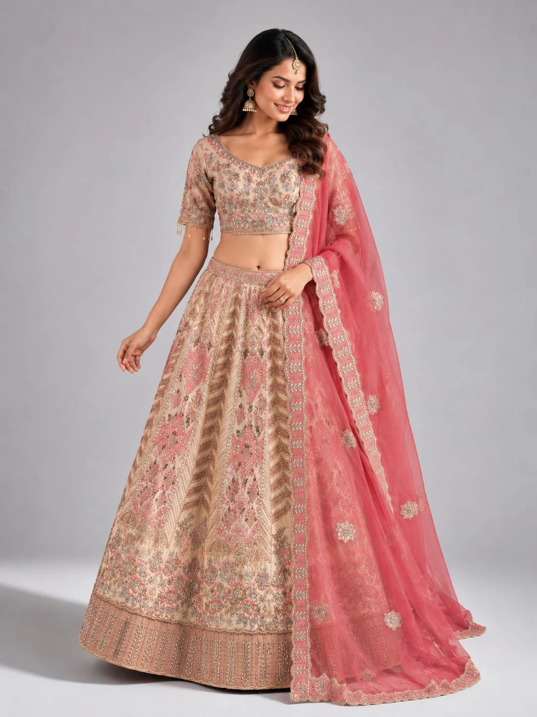 cream and pink lehenga