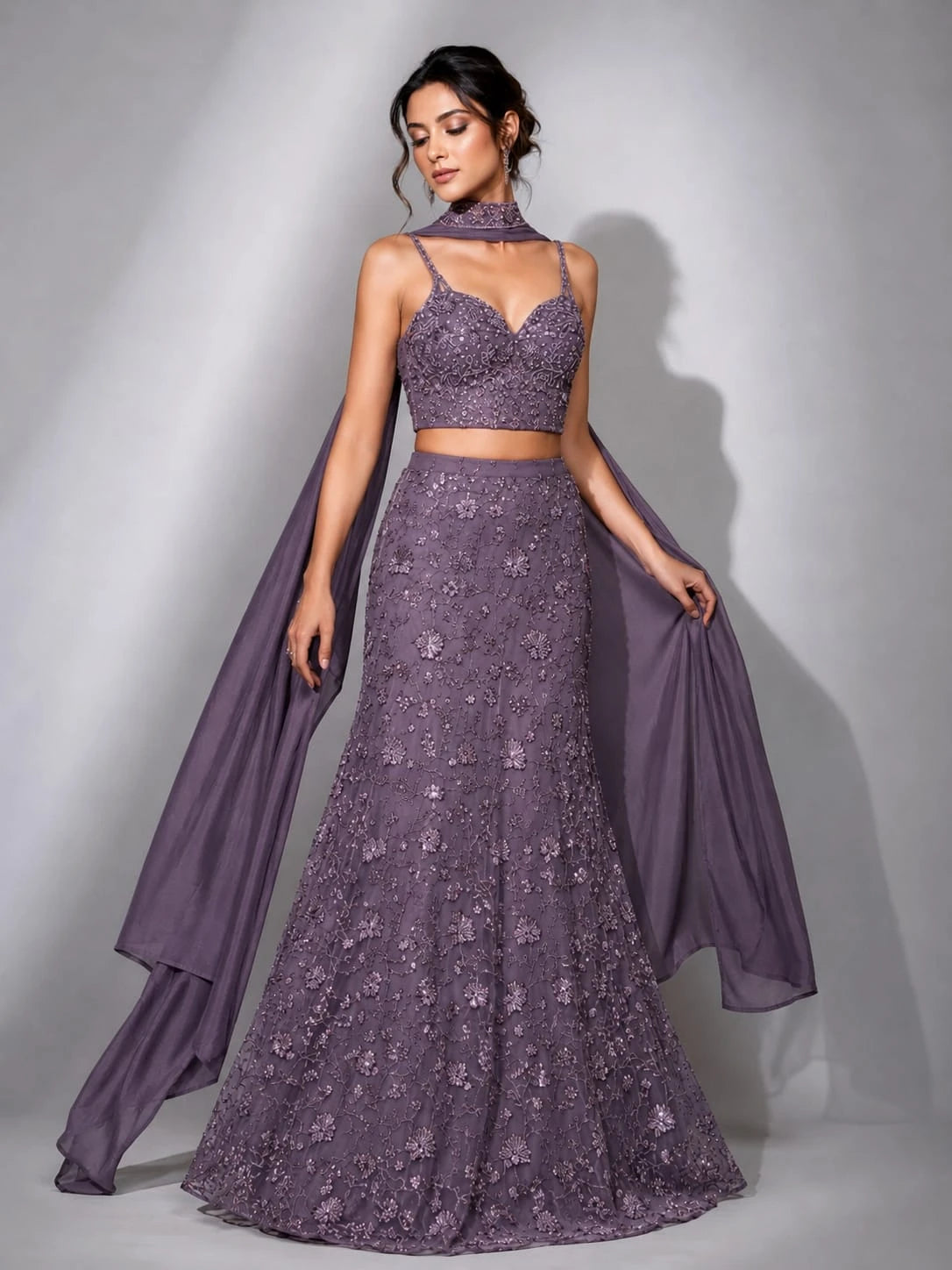 lavender embroidered blouse lehenga