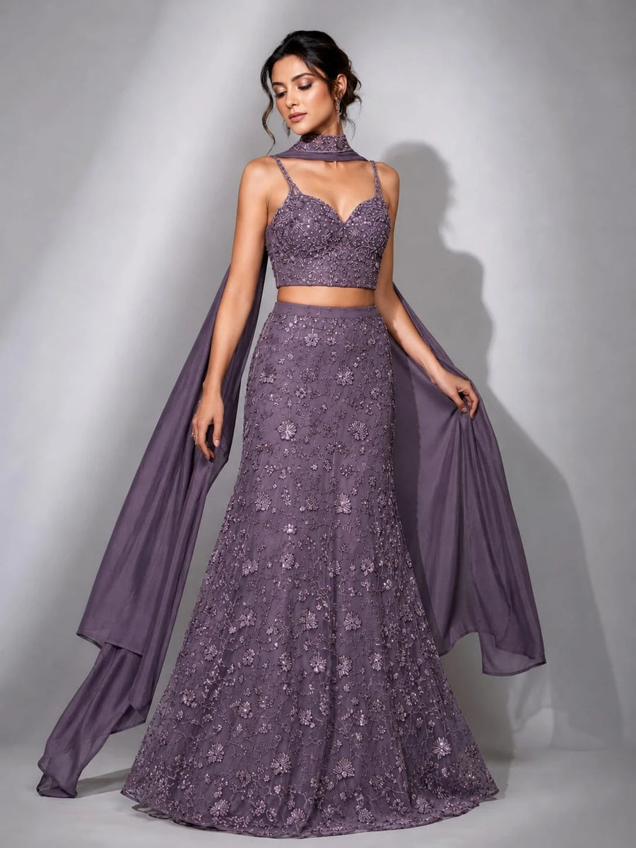 lavender embroidered blouse lehenga