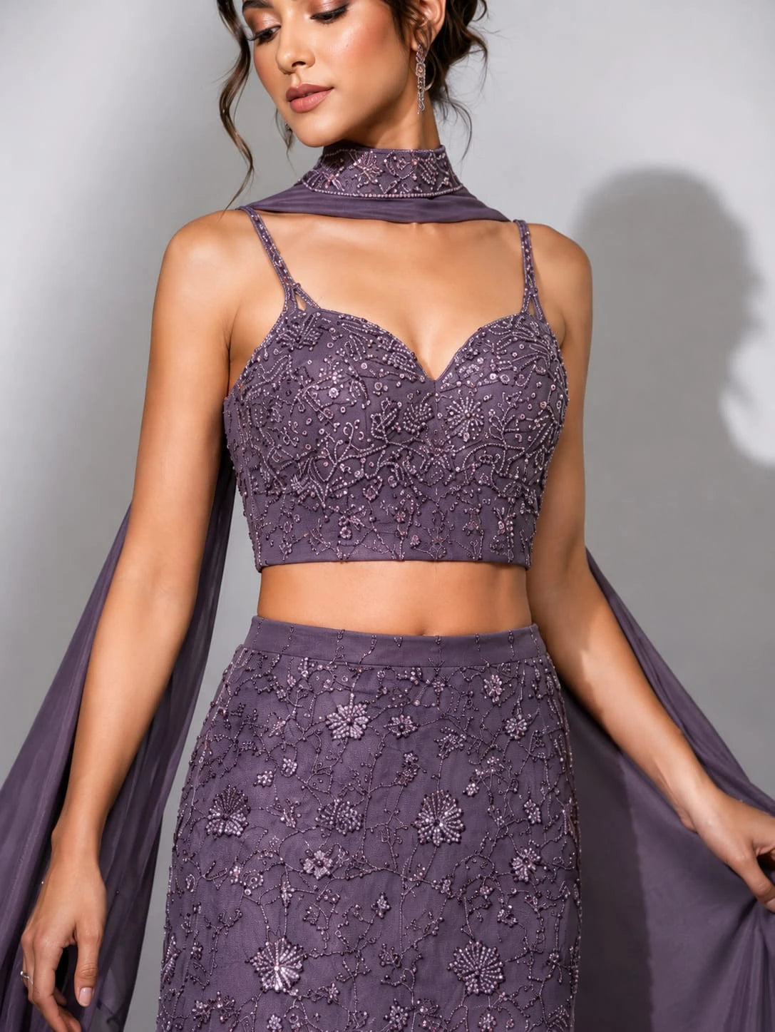 lavender embroidered blouse lehenga