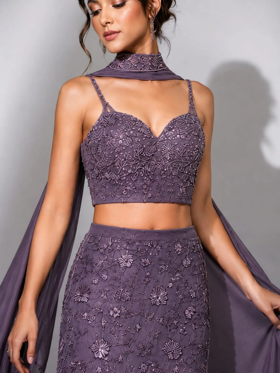 lavender embroidered blouse lehenga