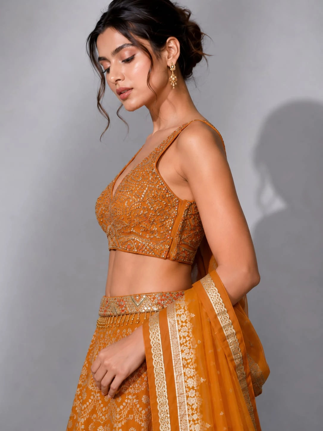 orange net dupatta lehenga