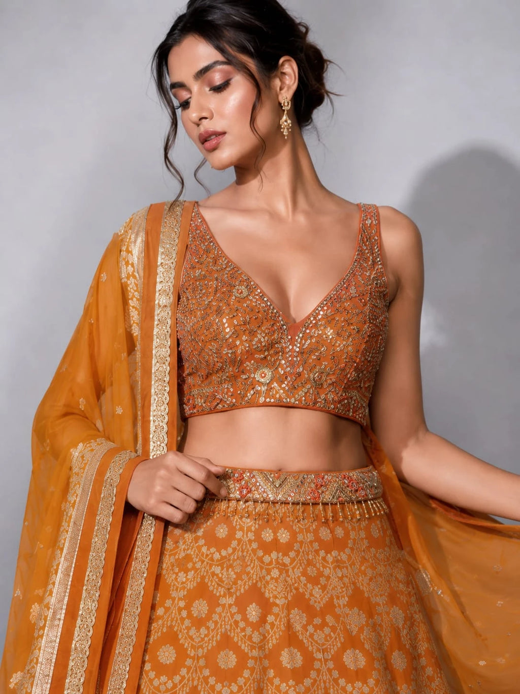 orange net dupatta lehenga
