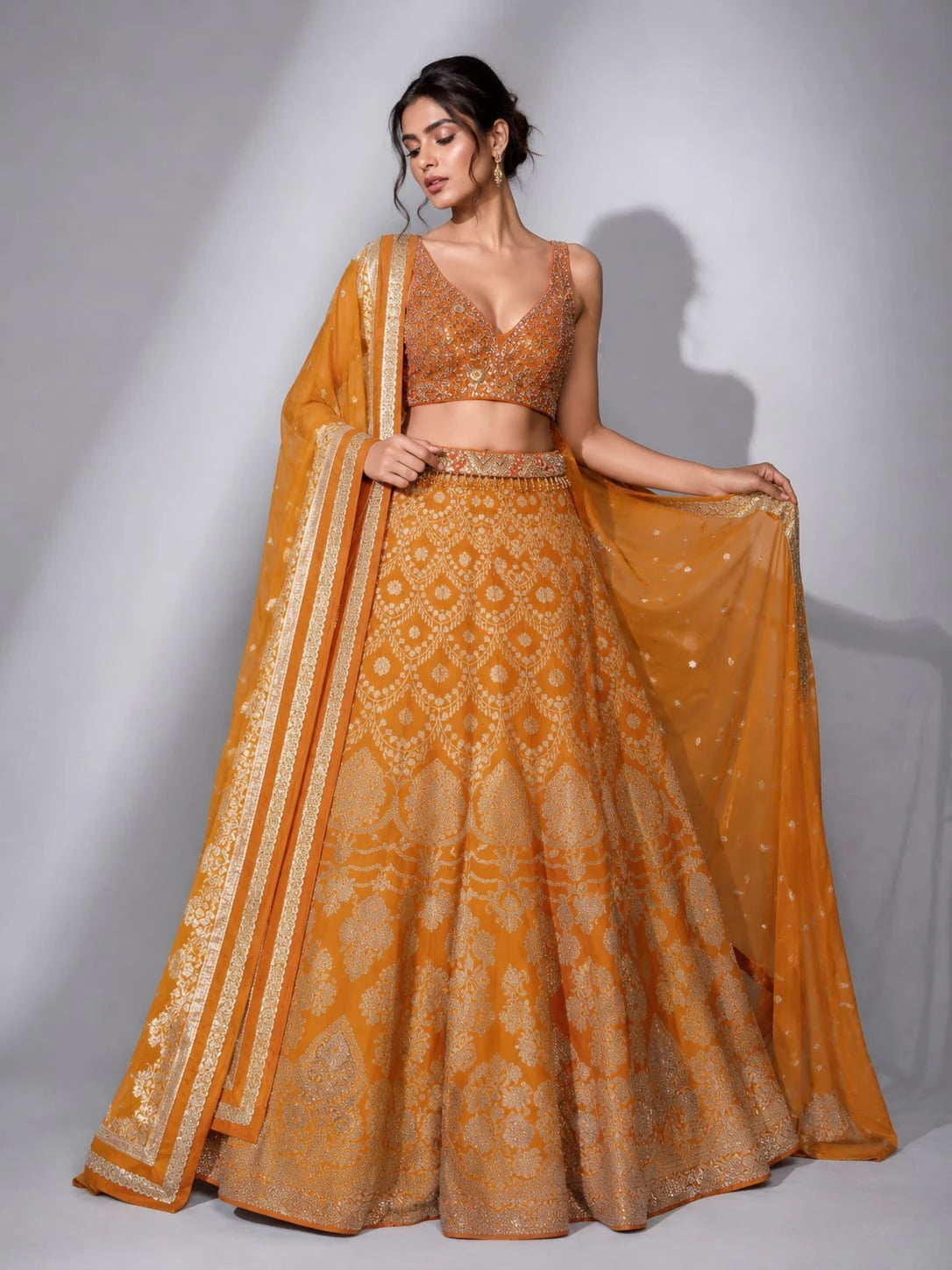 orange net dupatta lehenga