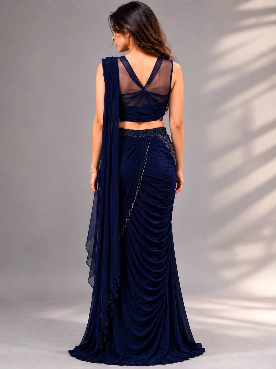 midnight blue drape saree