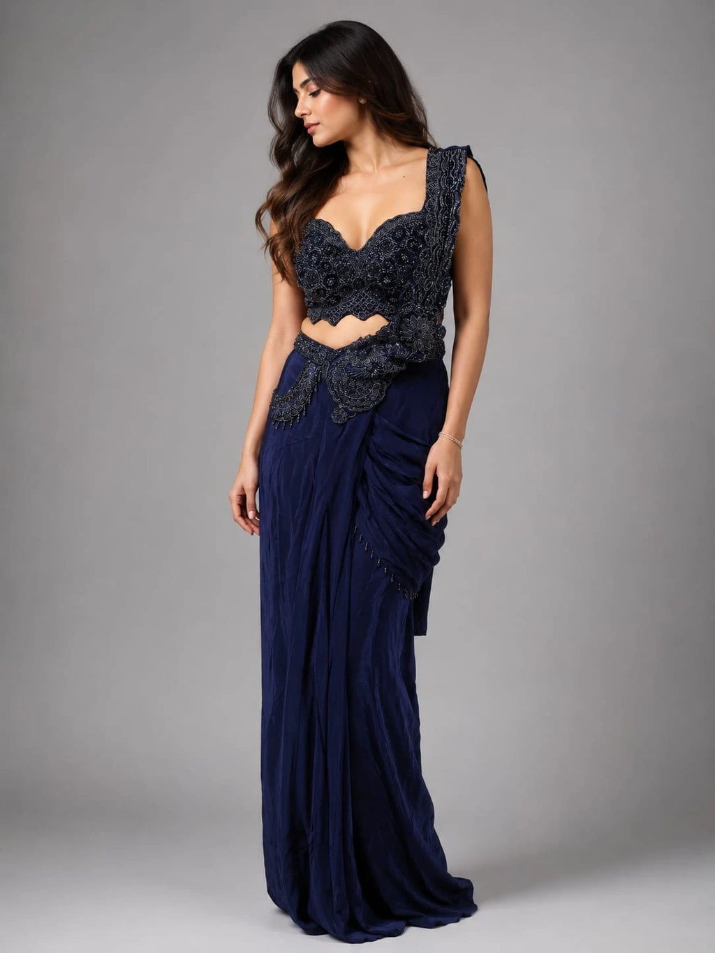 midnight blue drape saree