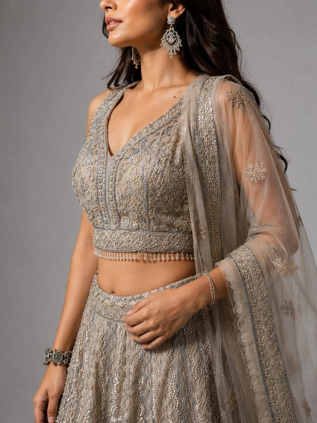 embroidered beige lehenga