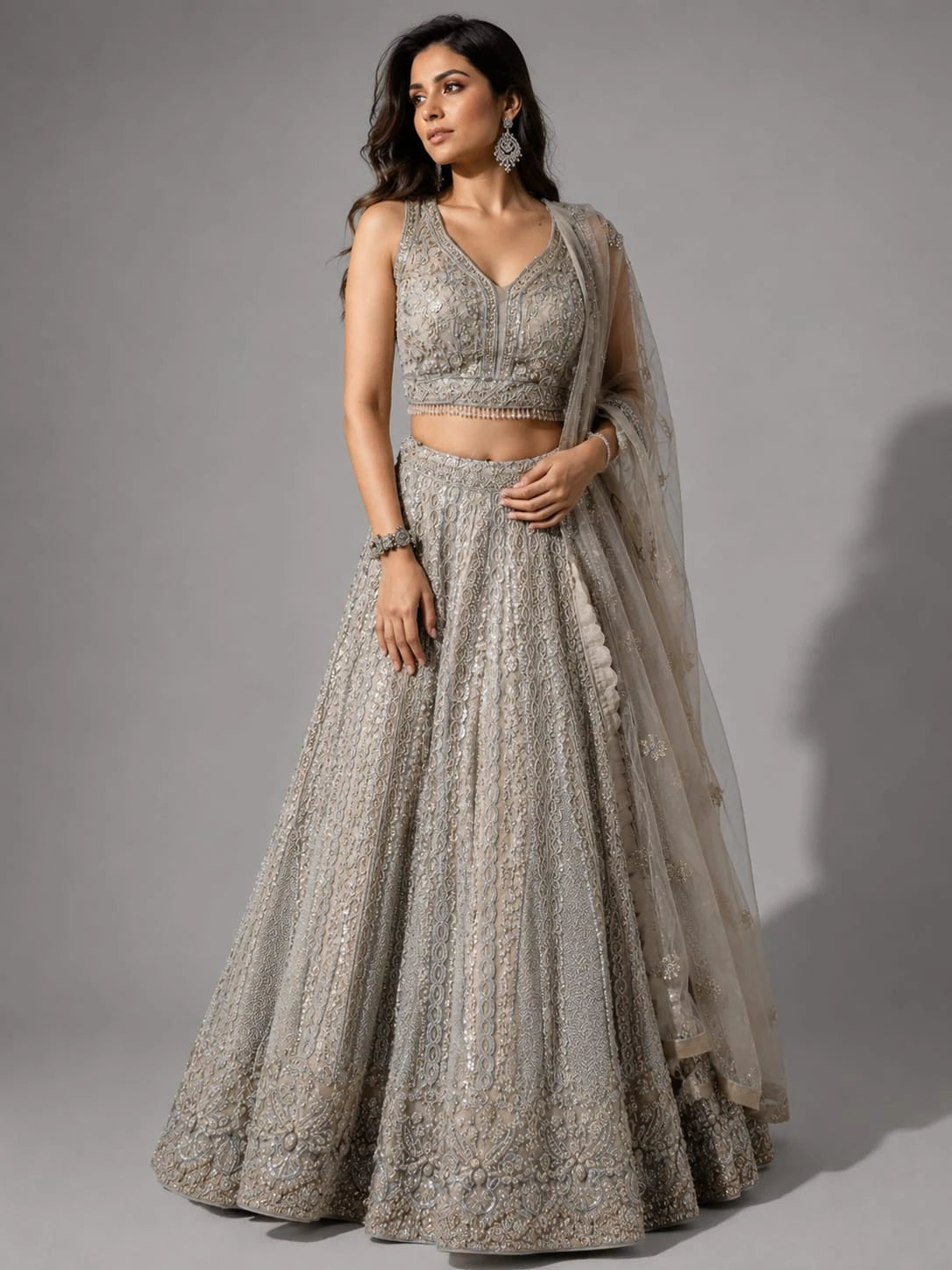 embroidered beige lehenga