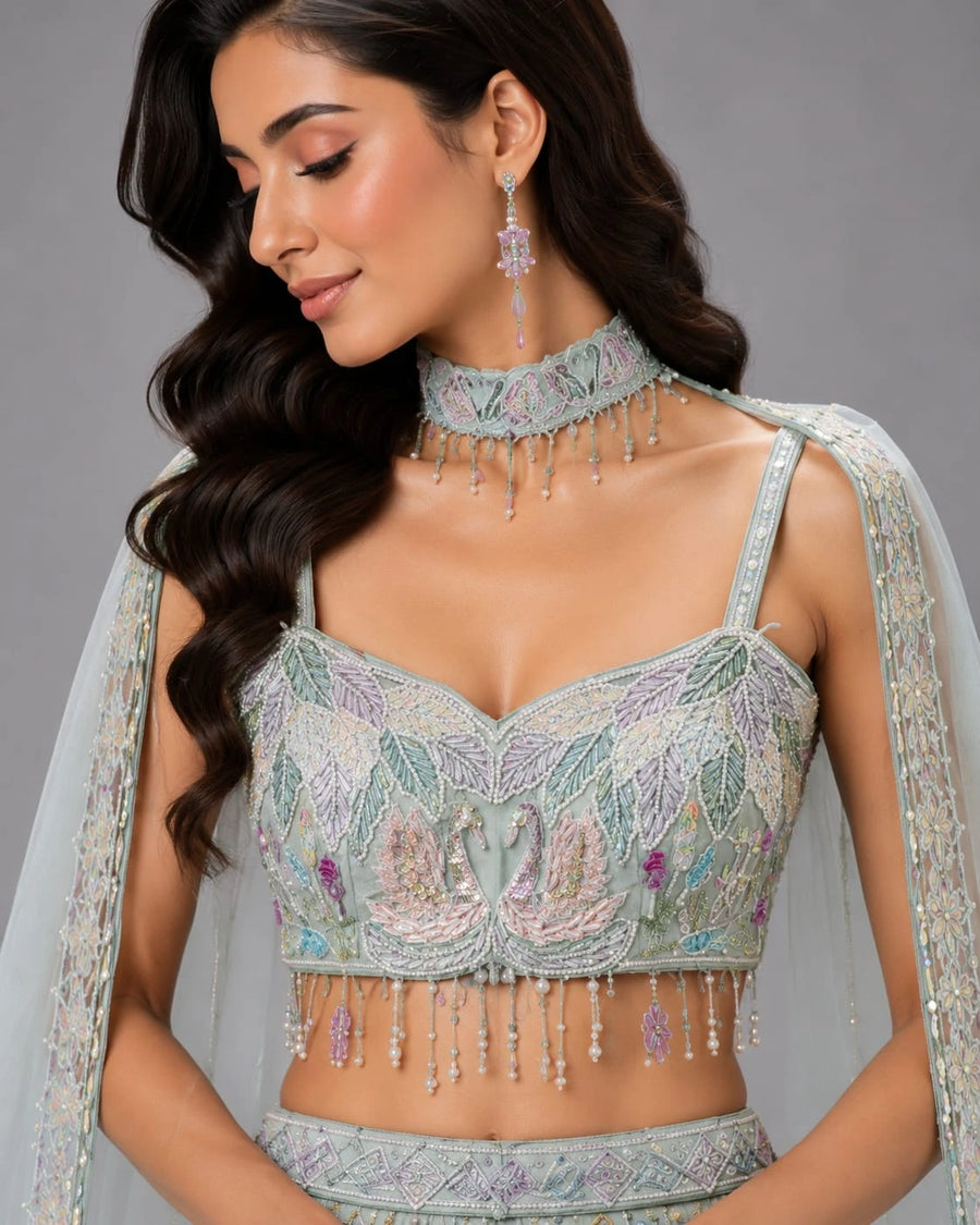 pista Floral embroidered lehenga