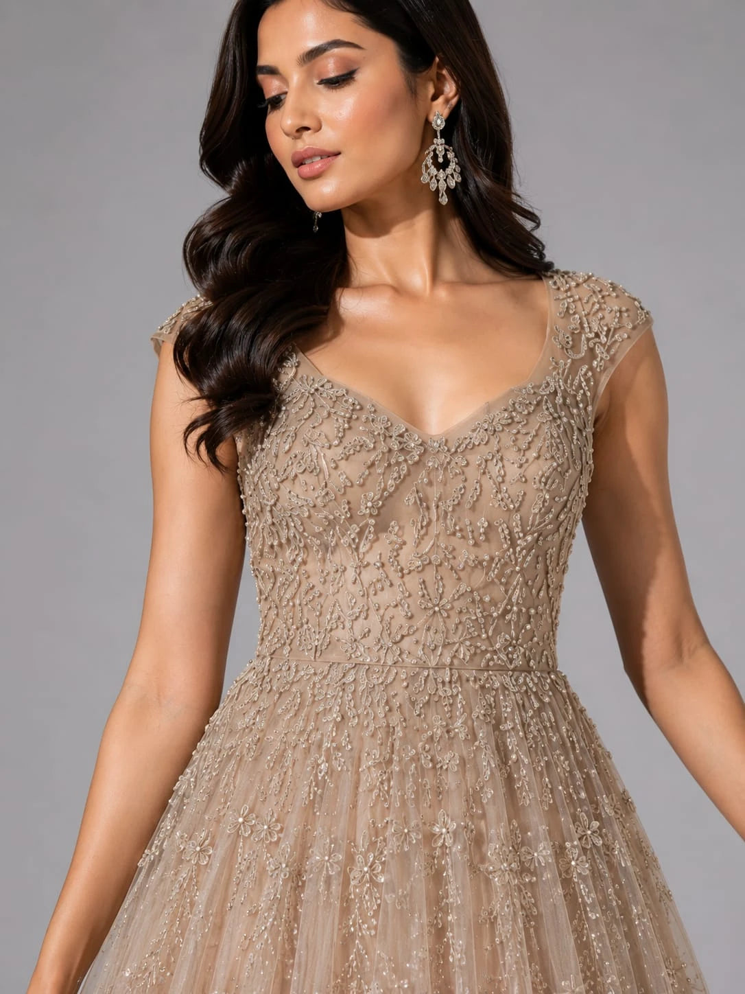 gold embellished net gown