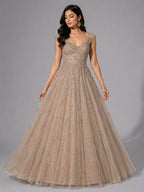 gold embellished net gown