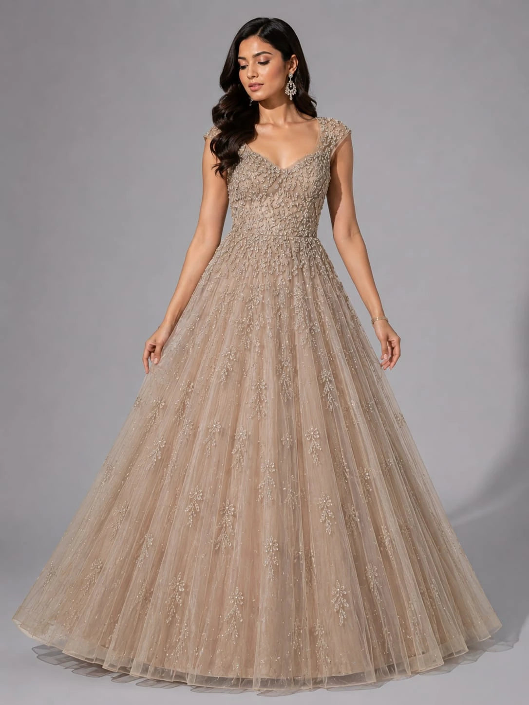 gold embellished net gown