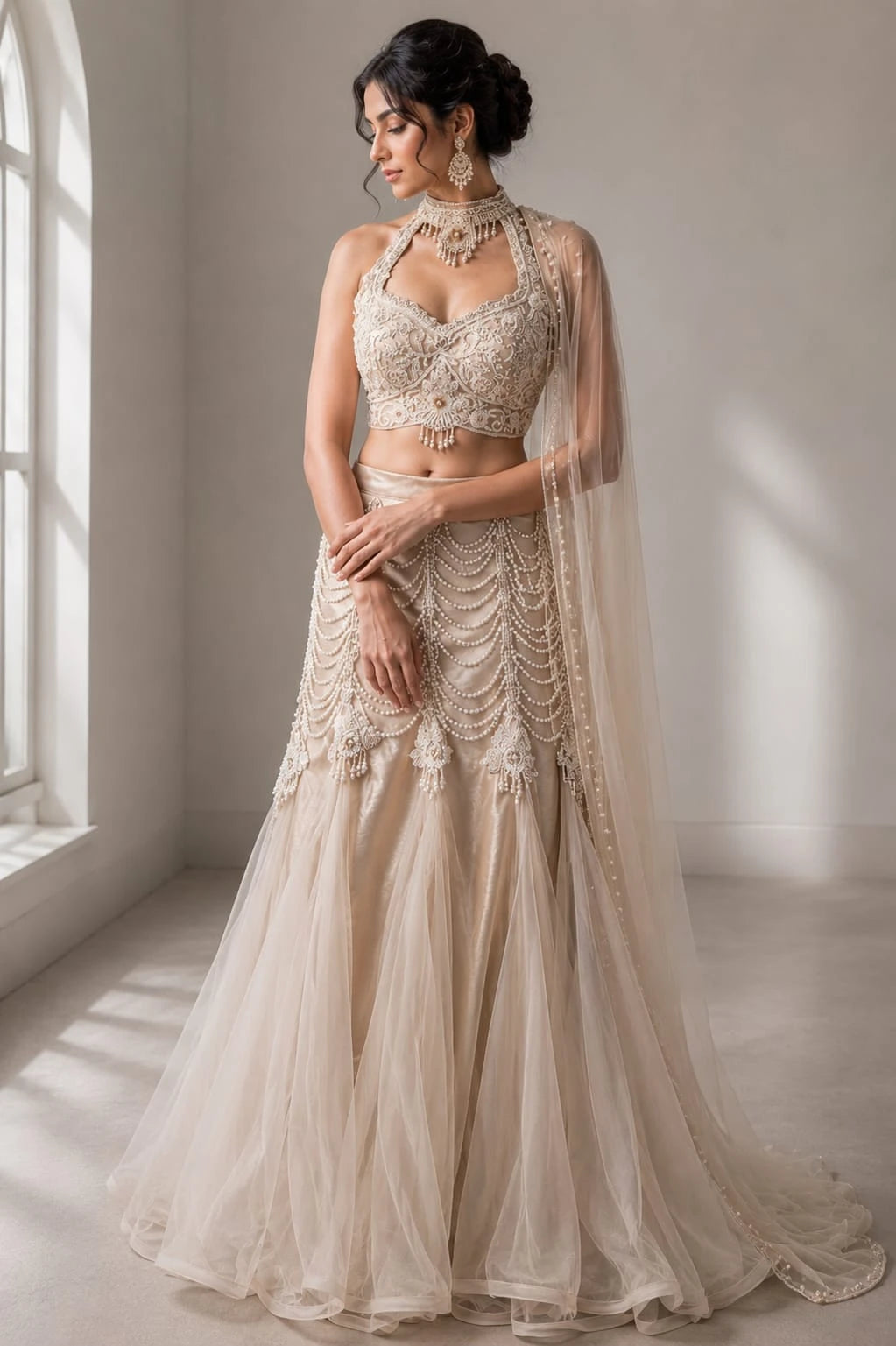 gold pearl embellished lehenga
