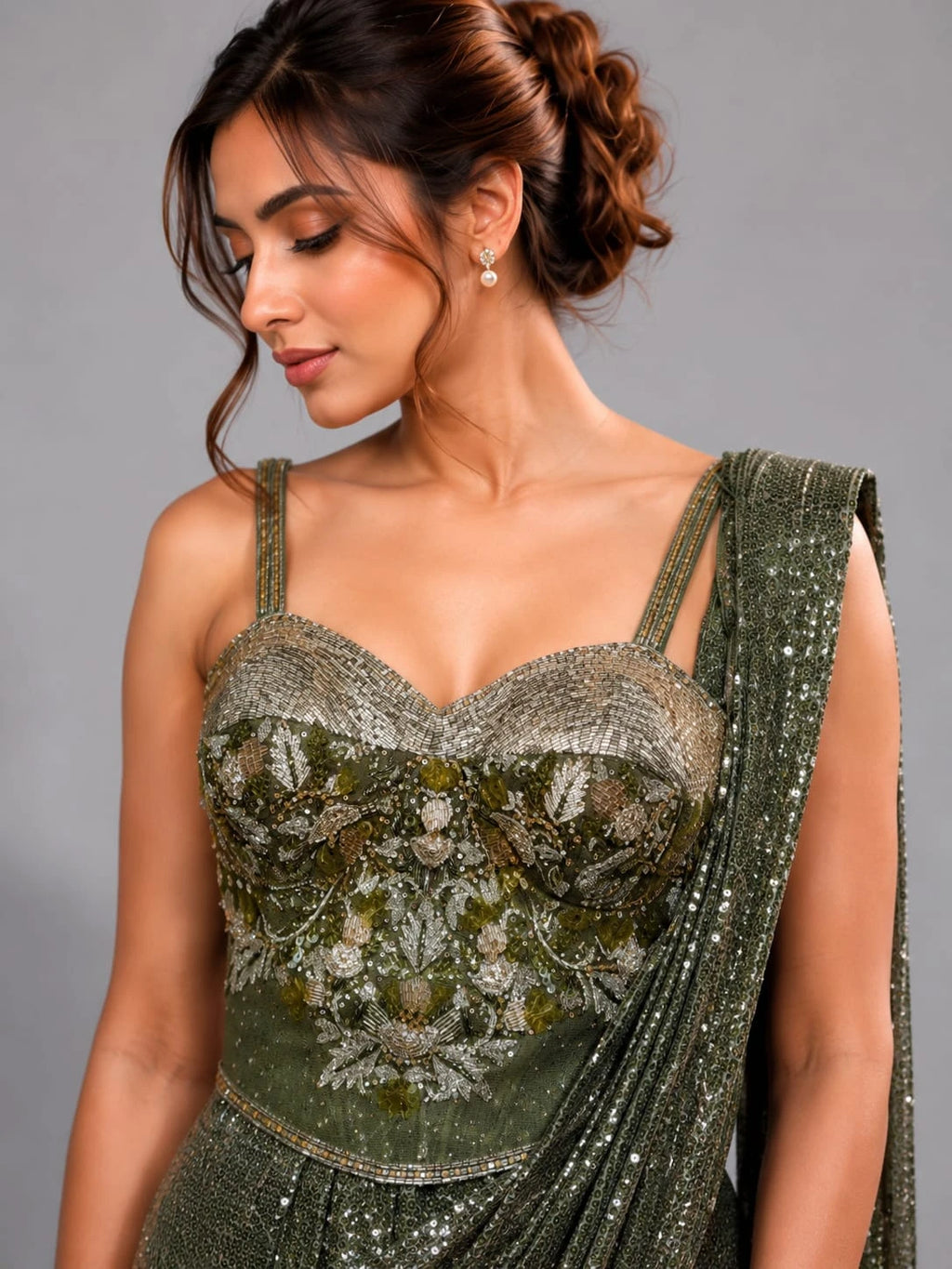 green corset blouse saree