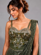 green corset blouse saree