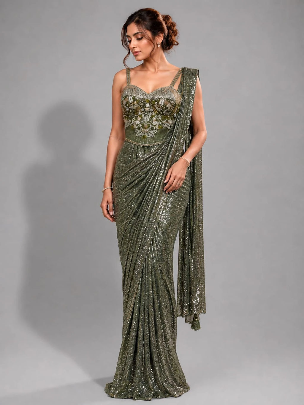 green corset blouse saree