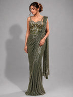 green corset blouse saree