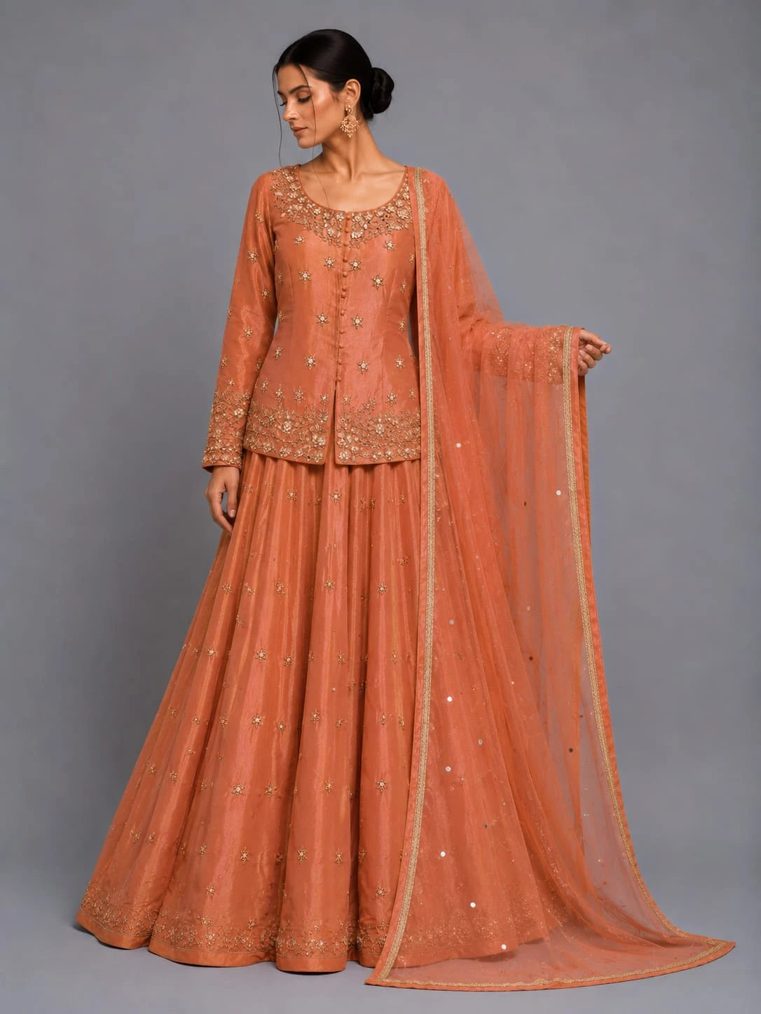 rust jacket style lehenga