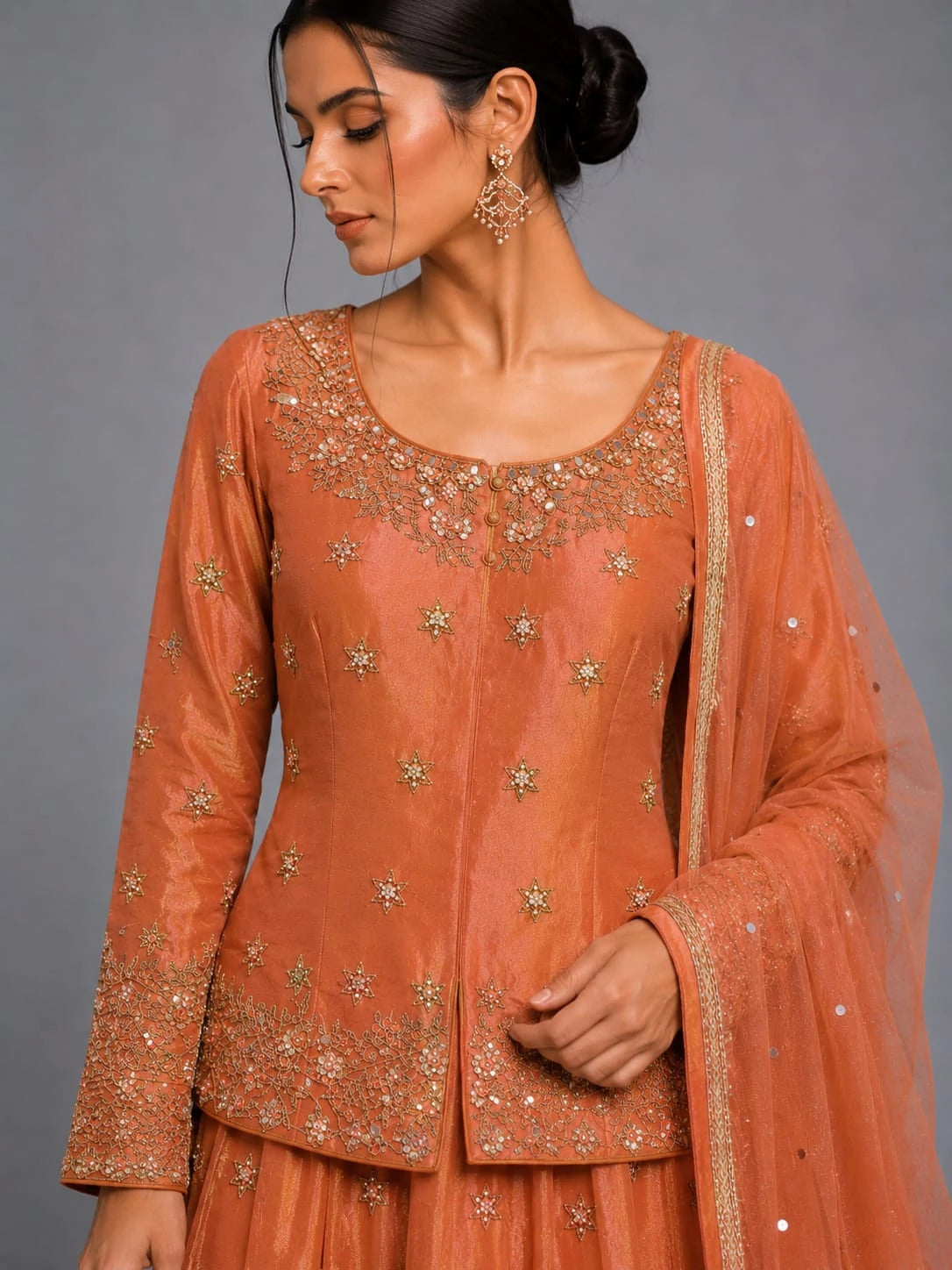 rust jacket style lehenga