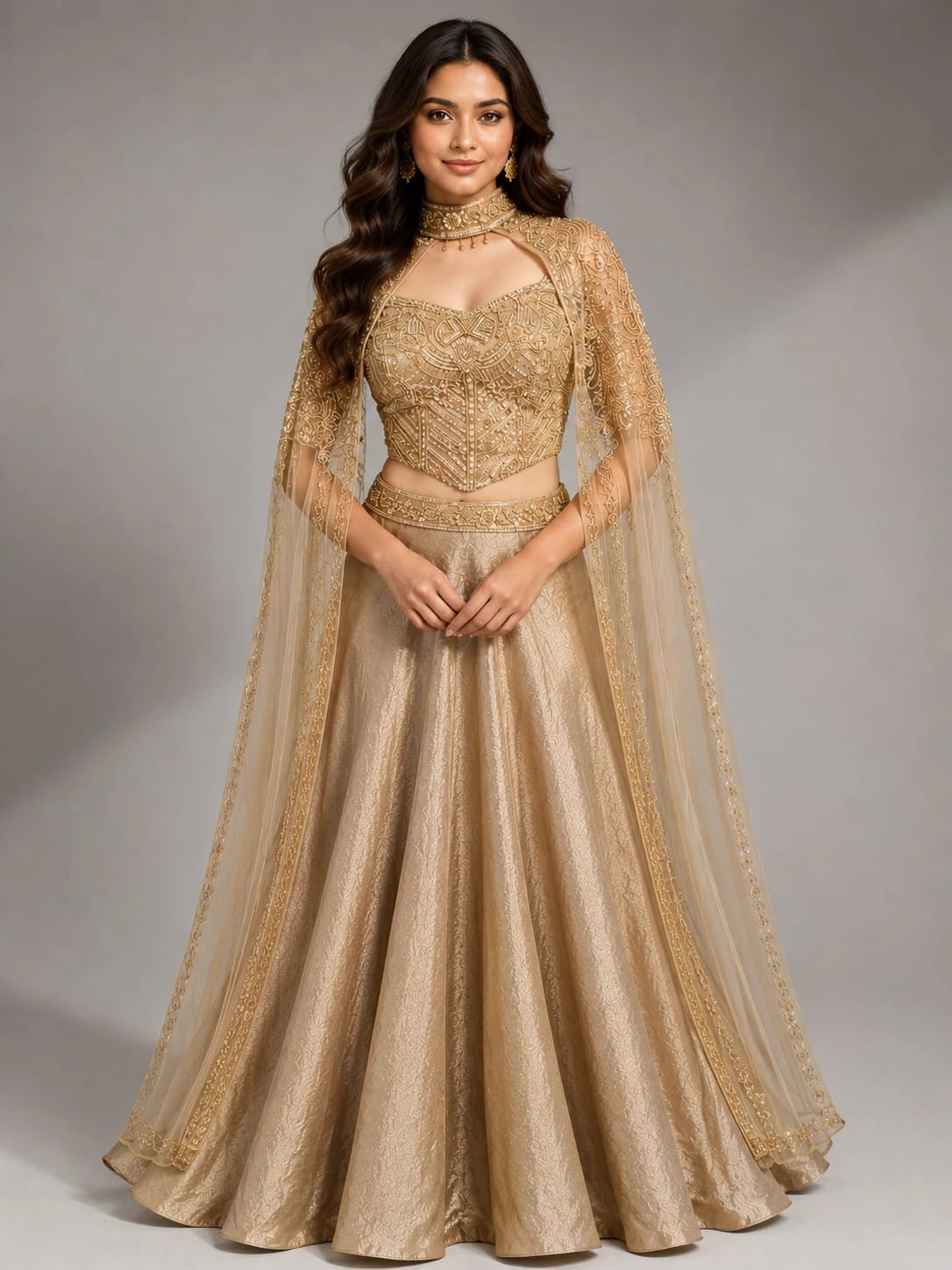 brown cape style lehenga