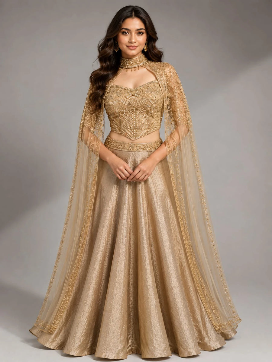 brown cape style lehenga