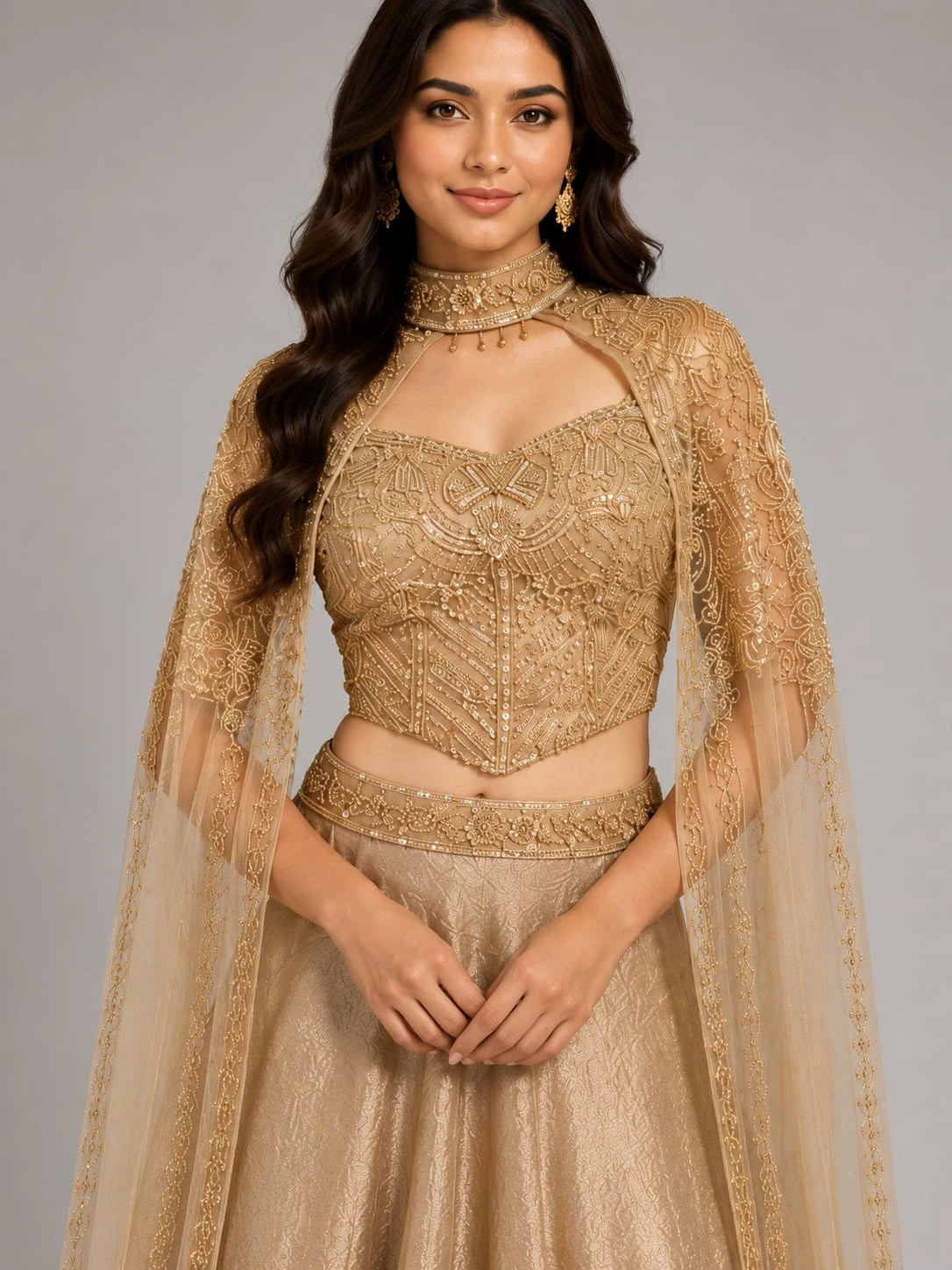 brown cape style lehenga