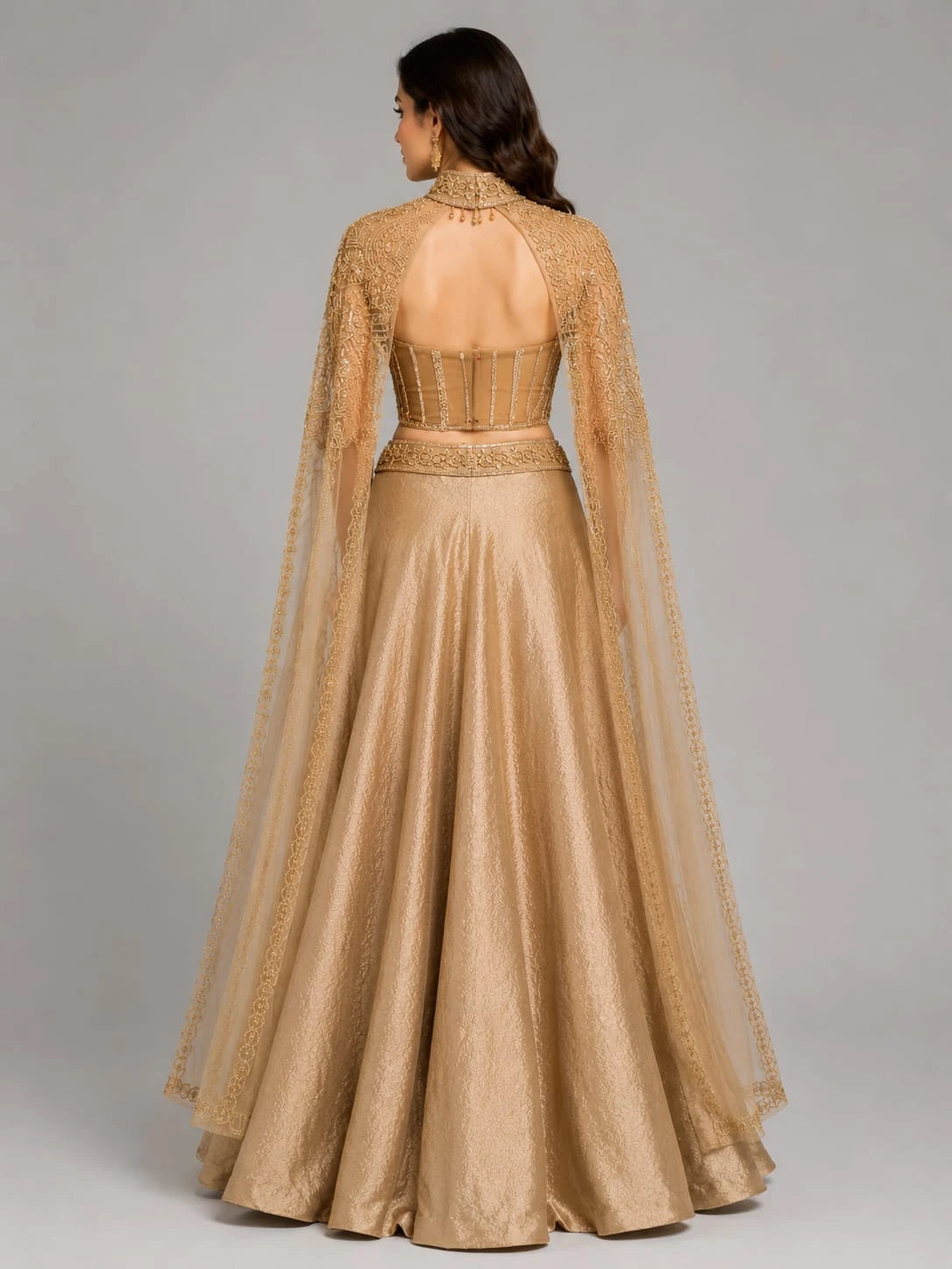 brown cape style lehenga