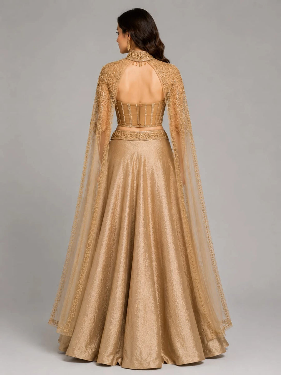 brown cape style lehenga