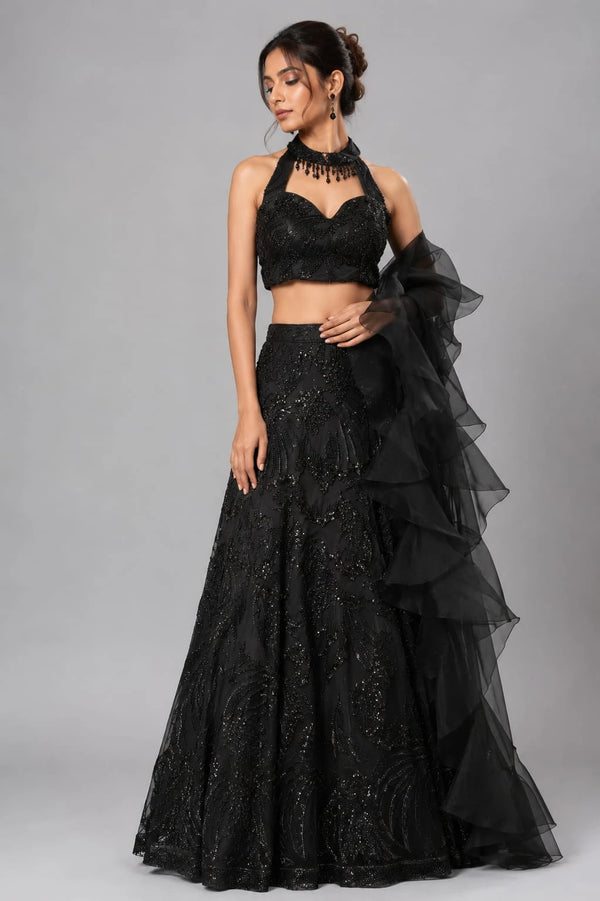 black ruffle dupatta lehenga