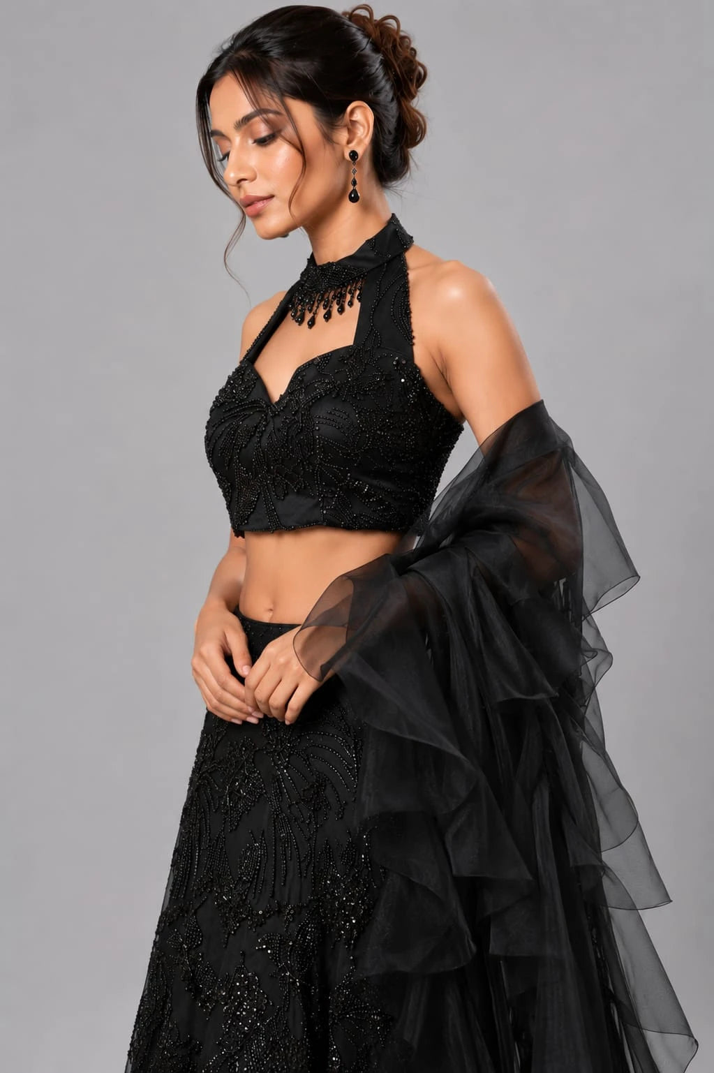 black ruffle dupatta lehenga
