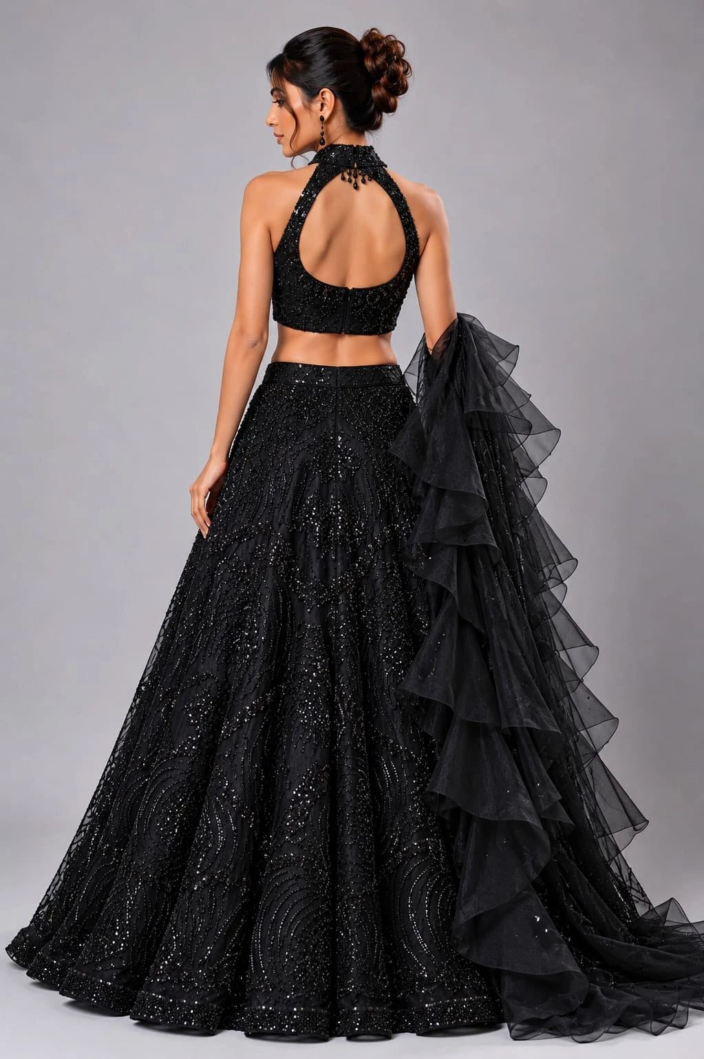black ruffle dupatta lehenga