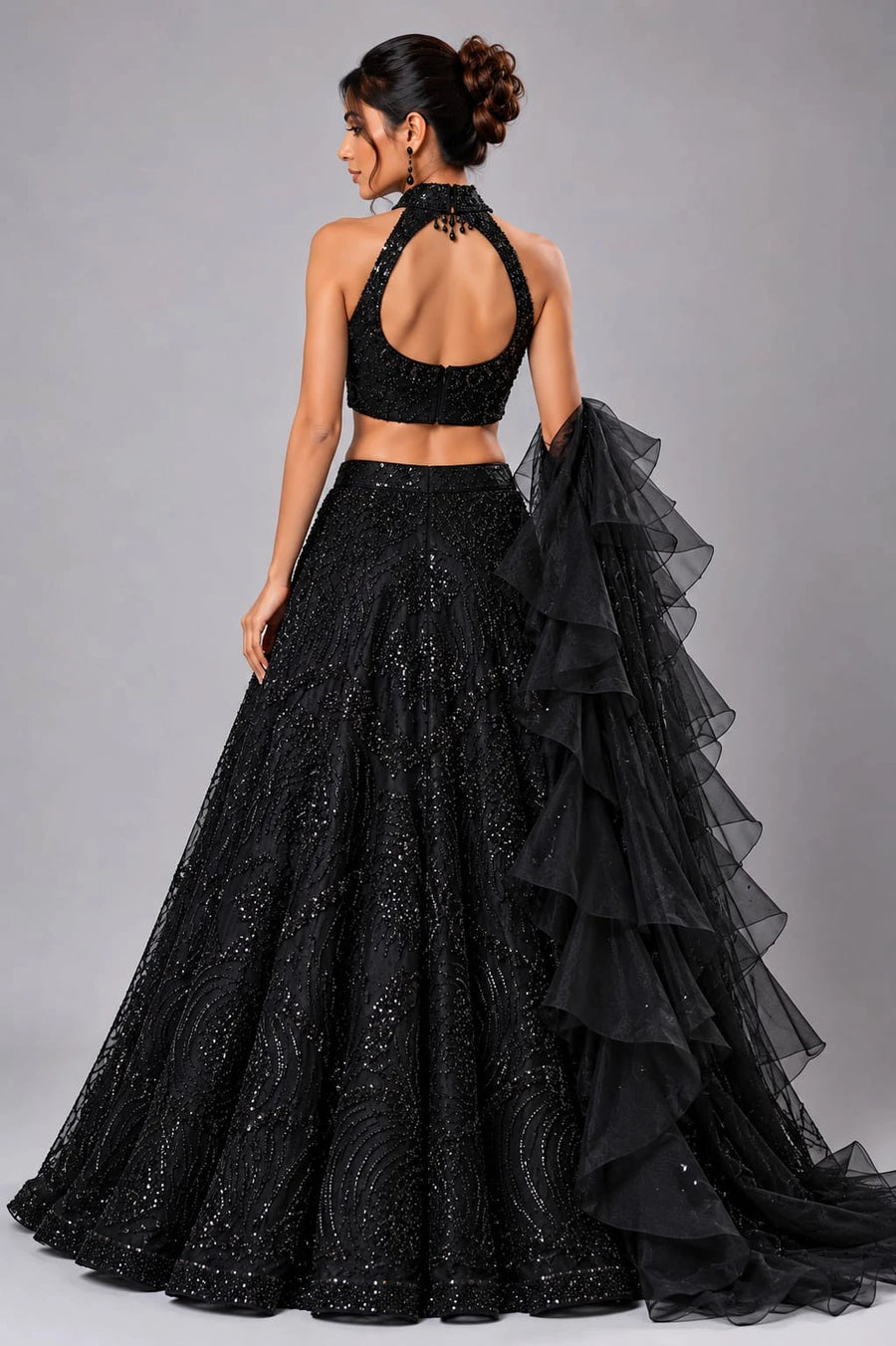 black ruffle dupatta lehenga