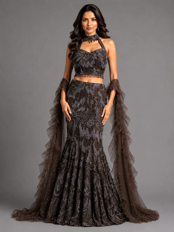designer brown lehenga