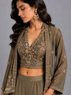 Grey Designer Sharara Set for Women with Embroidered Jacket