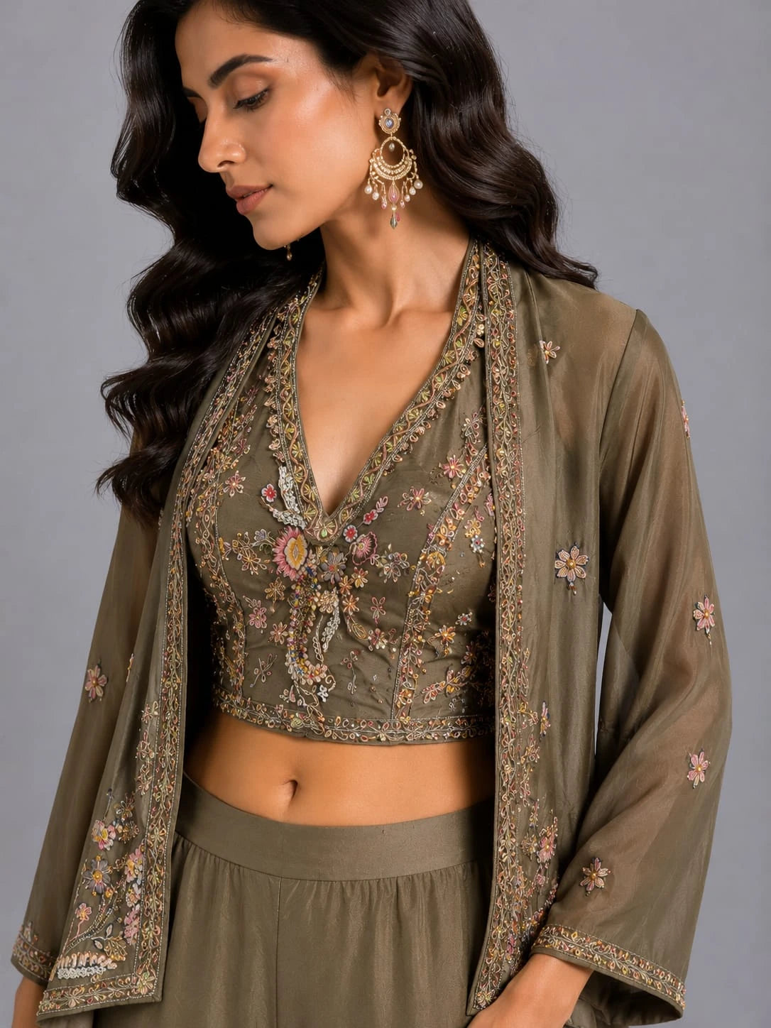 Grey Designer Sharara Set for Women with Embroidered Jacket