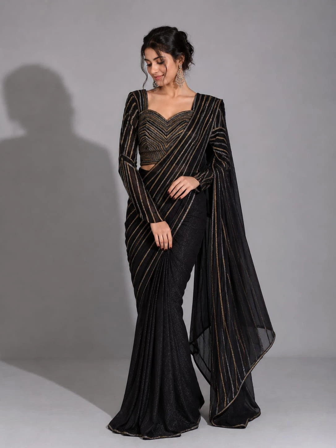 black pre draped saree