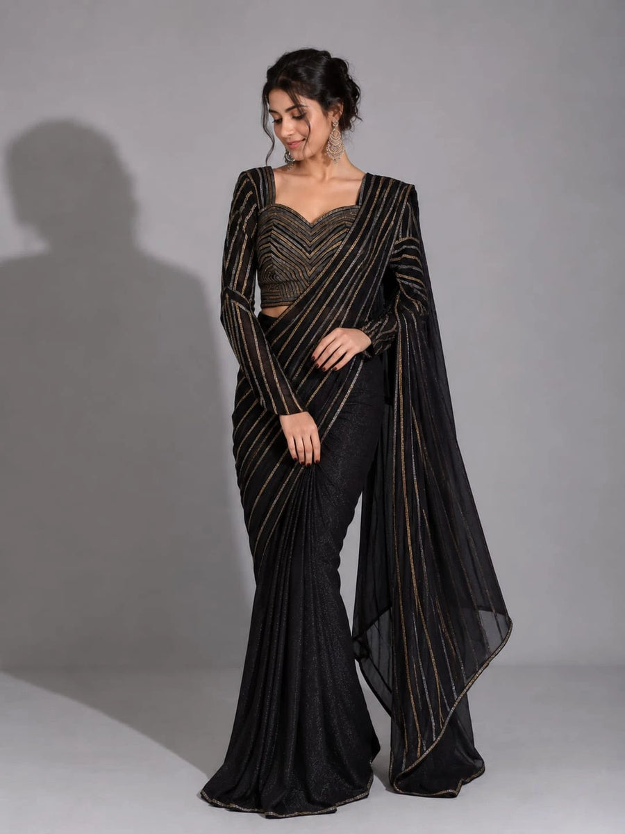 black pre draped saree
