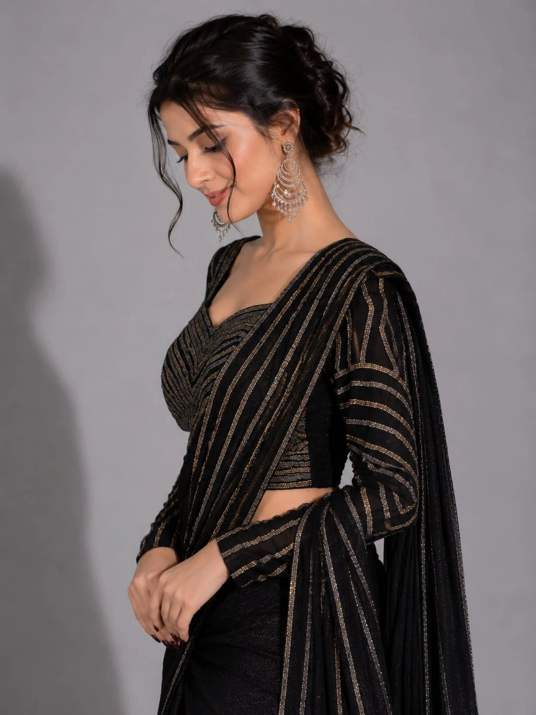 black pre draped saree