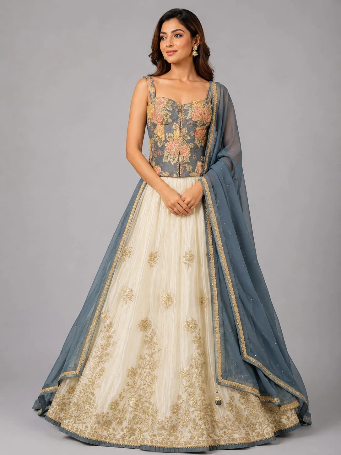 sky blue and white lehenga